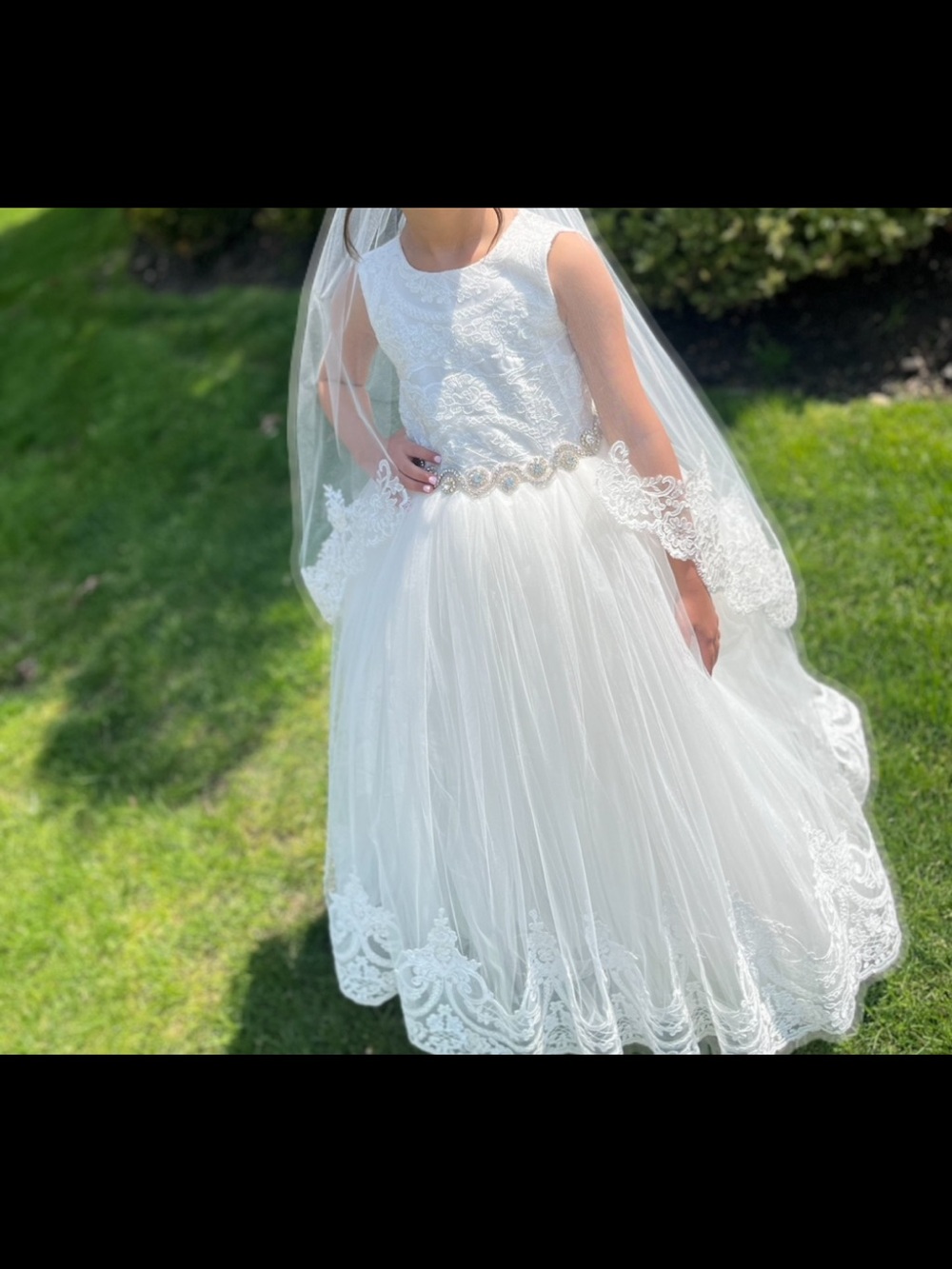 White Lace Tulle Flower Girl / First Communion Dress with Beaded Belt